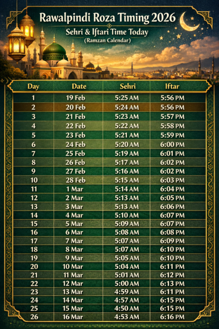 Rawalpindi Roza Timing 2026 – Sehri & Iftari Time Today (Ramzan Calendar)